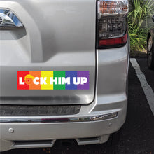 Custom Bumper Sticker - LOCK HIM UP - Trump Hair Orange Face - Rainbow Background