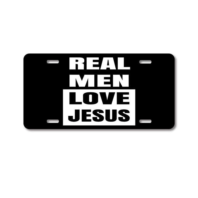 DistinctInk Custom Aluminum Decorative Vanity Front License Plate - Black Real Men Love Jesus
