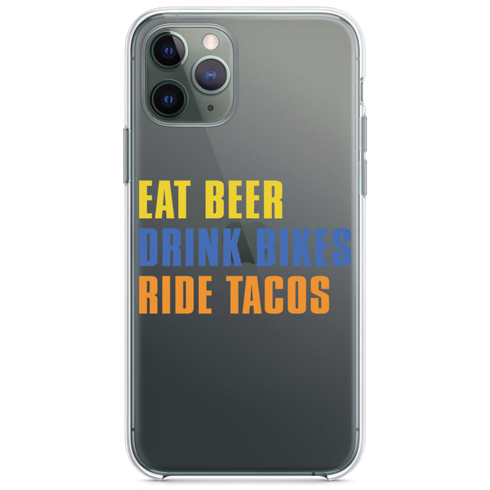 DistinctInk® Clear Shockproof Hybrid Case for Apple iPhone / Samsung Galaxy / Google Pixel - Eat Beer Drink Bikes Ride Tacos