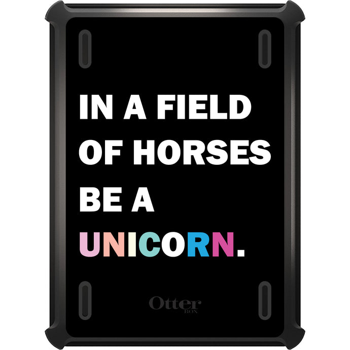 DistinctInk™ OtterBox Defender Series Case for Apple iPad / iPad Pro / iPad Air / iPad Mini - In a Field of Horses, Be a Unicorn - Rainbow