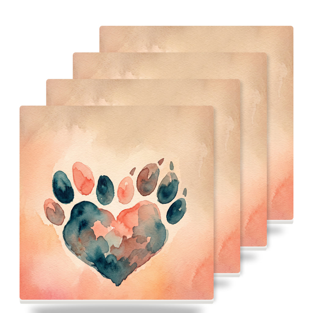 Watercolor Paw Heart ceramic coasters set of 4