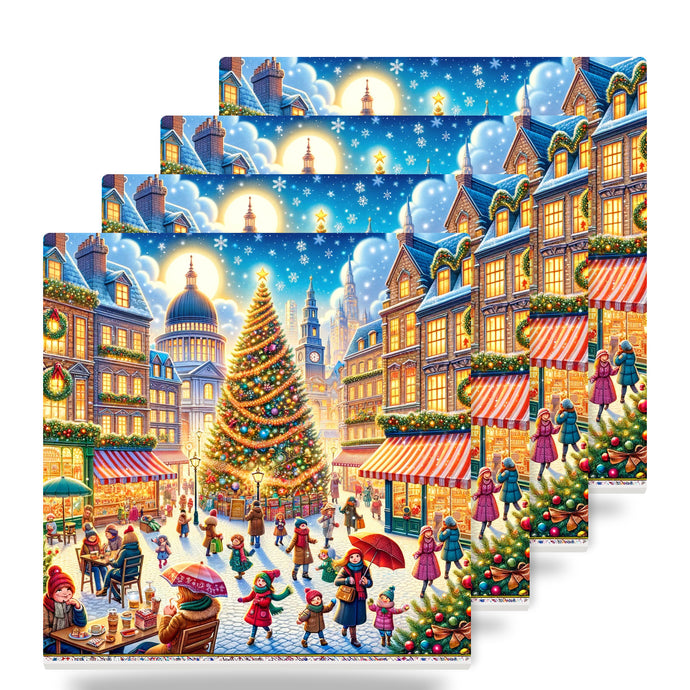 Holiday Town Square ceramic coasters set of 4