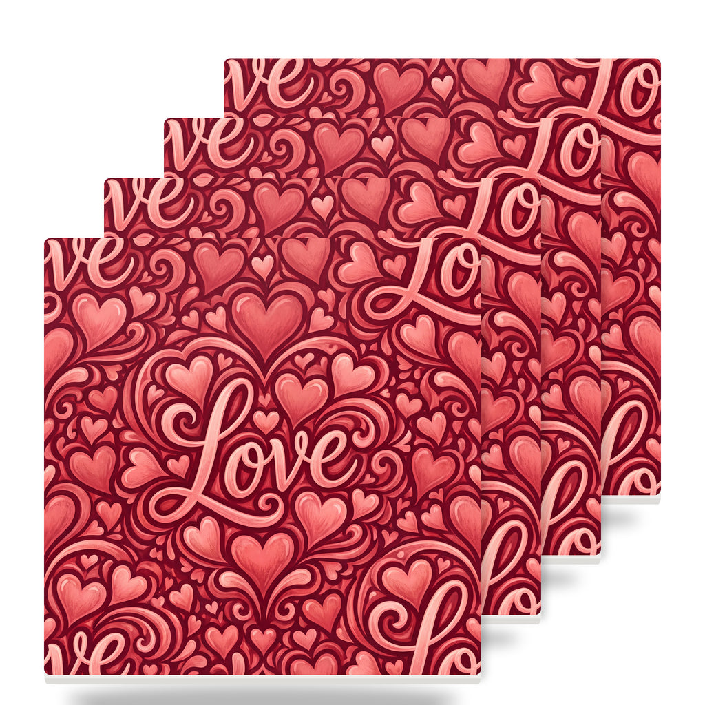 Love Script Hearts ceramic coasters set of 4