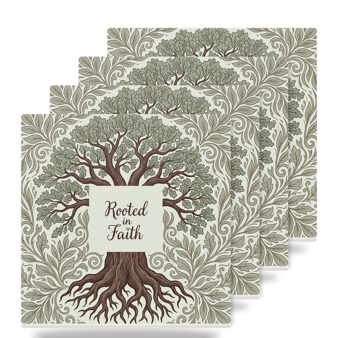 Rooted In Faith Tree ceramic coasters set of 4