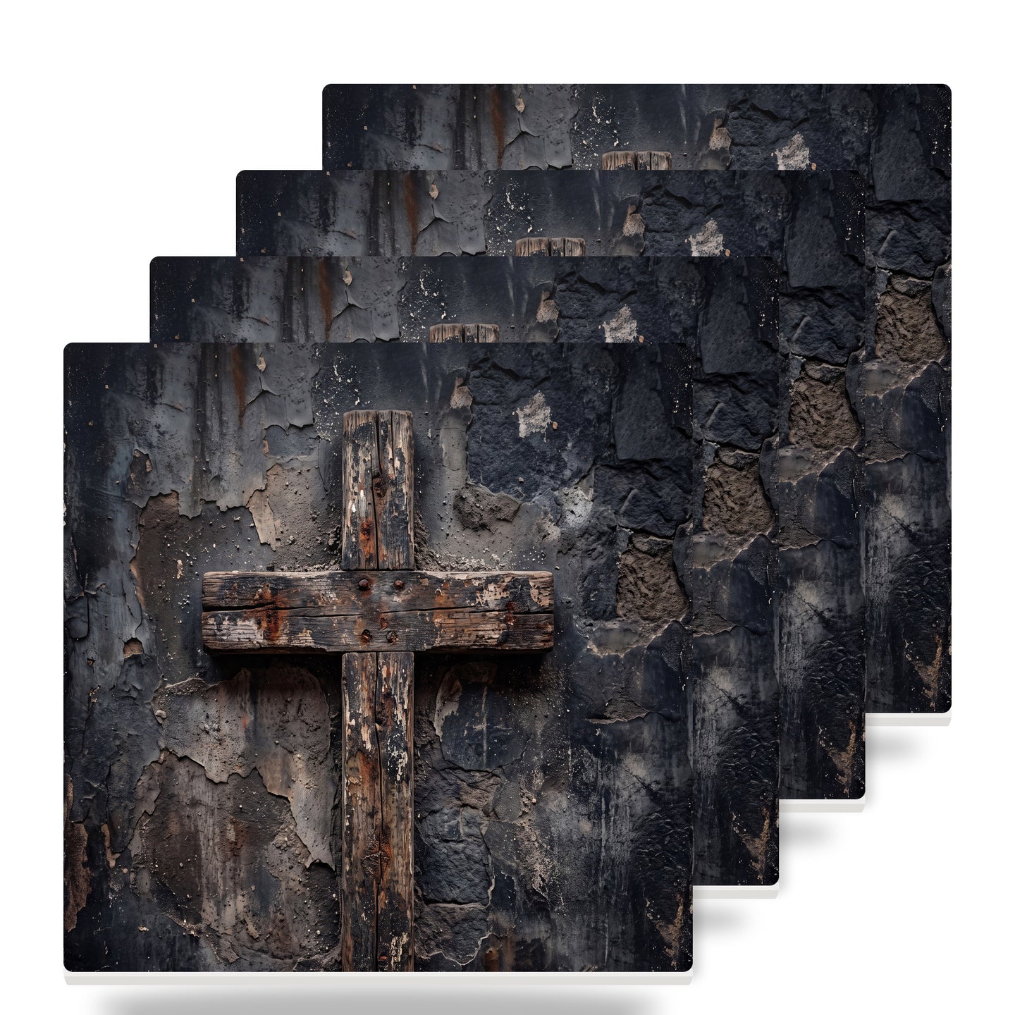 Distressed Cross ceramic coasters set of 4