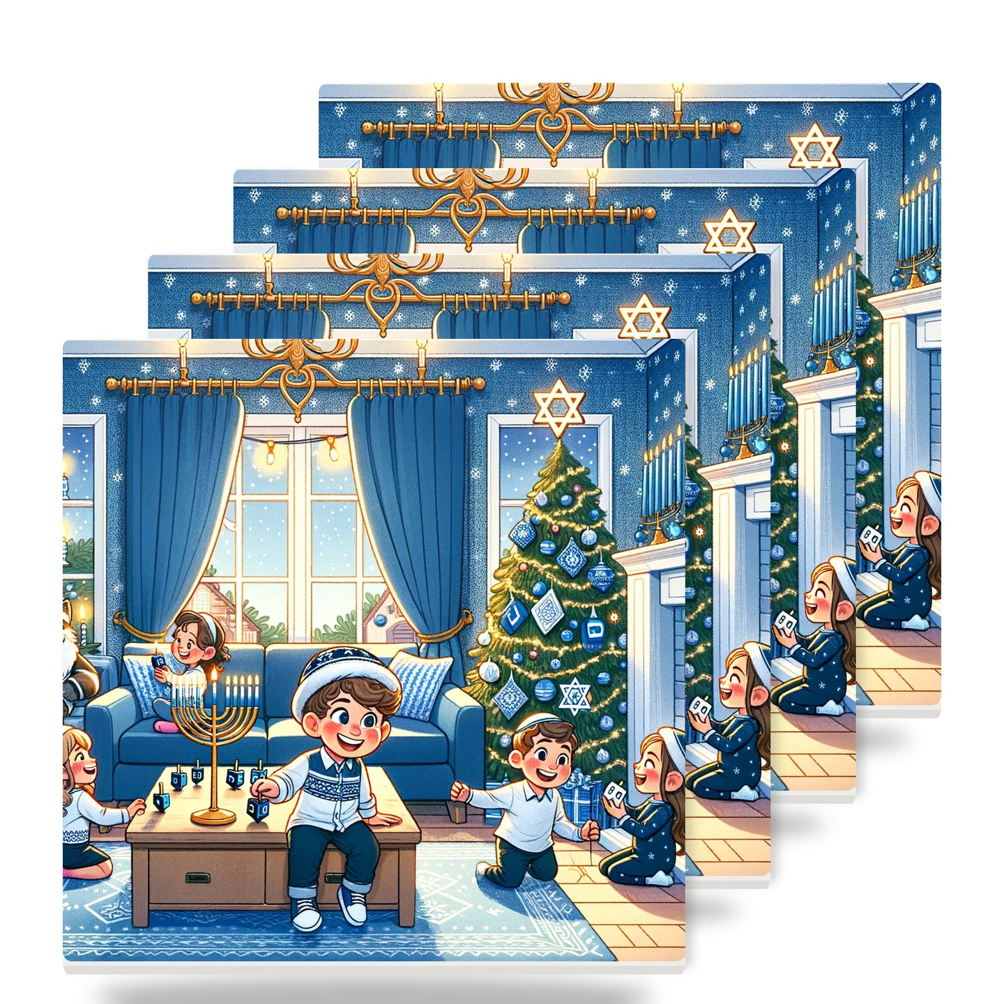 Blue Hanukkah Celebration ceramic coasters set of 4
