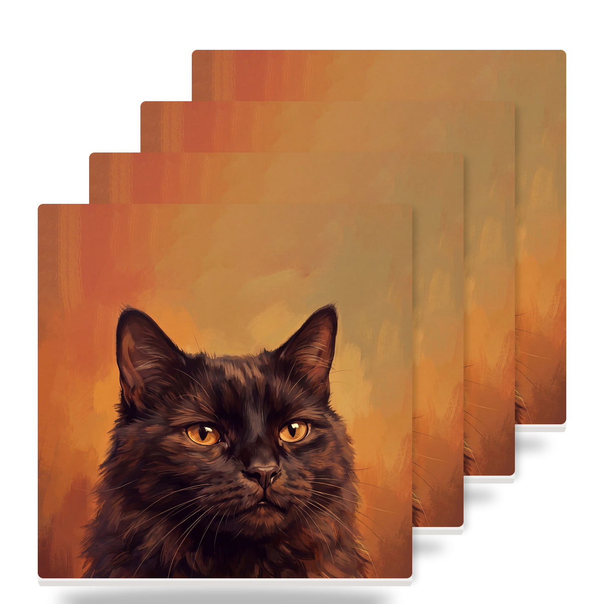 Black Cat Portrait ceramic coasters set of 4