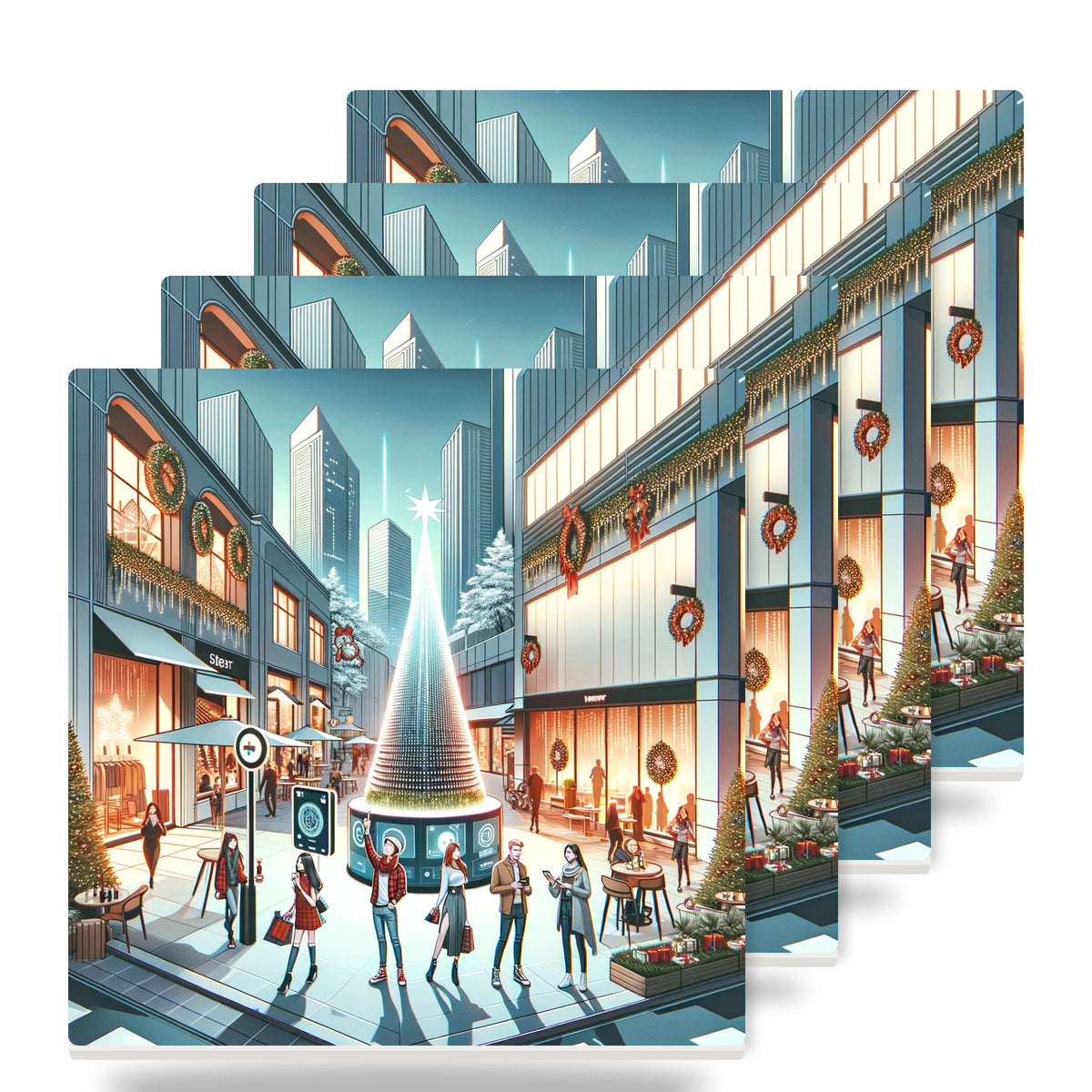 Downtown Christmas Plaza ceramic coasters set of 4