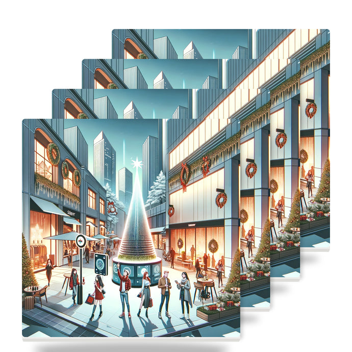 Downtown Christmas Plaza ceramic coasters set of 4