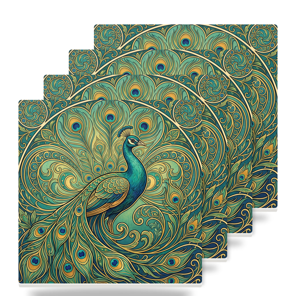 Art Nouveau Peacock ceramic coasters set of 4