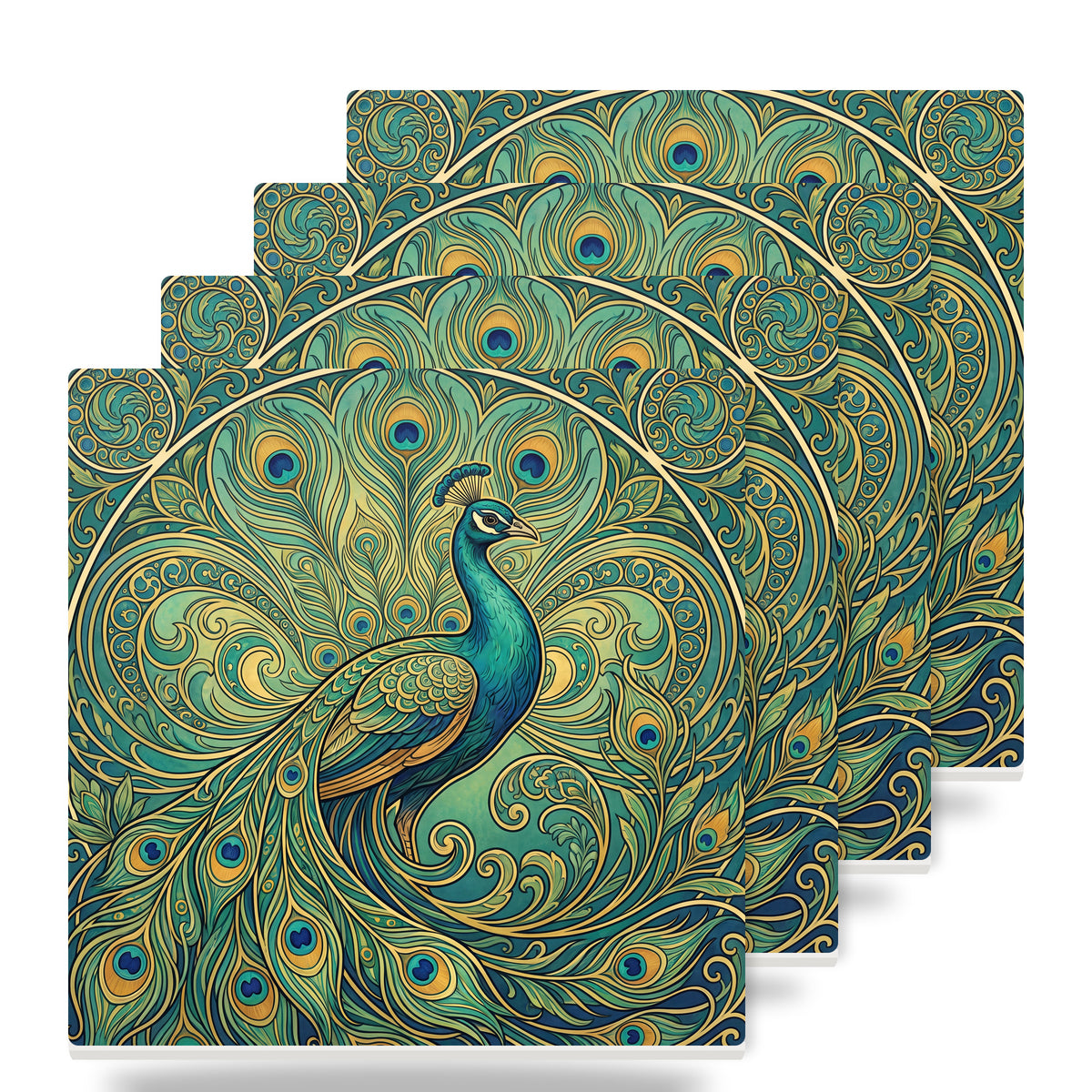 Art Nouveau Peacock ceramic coasters set of 4