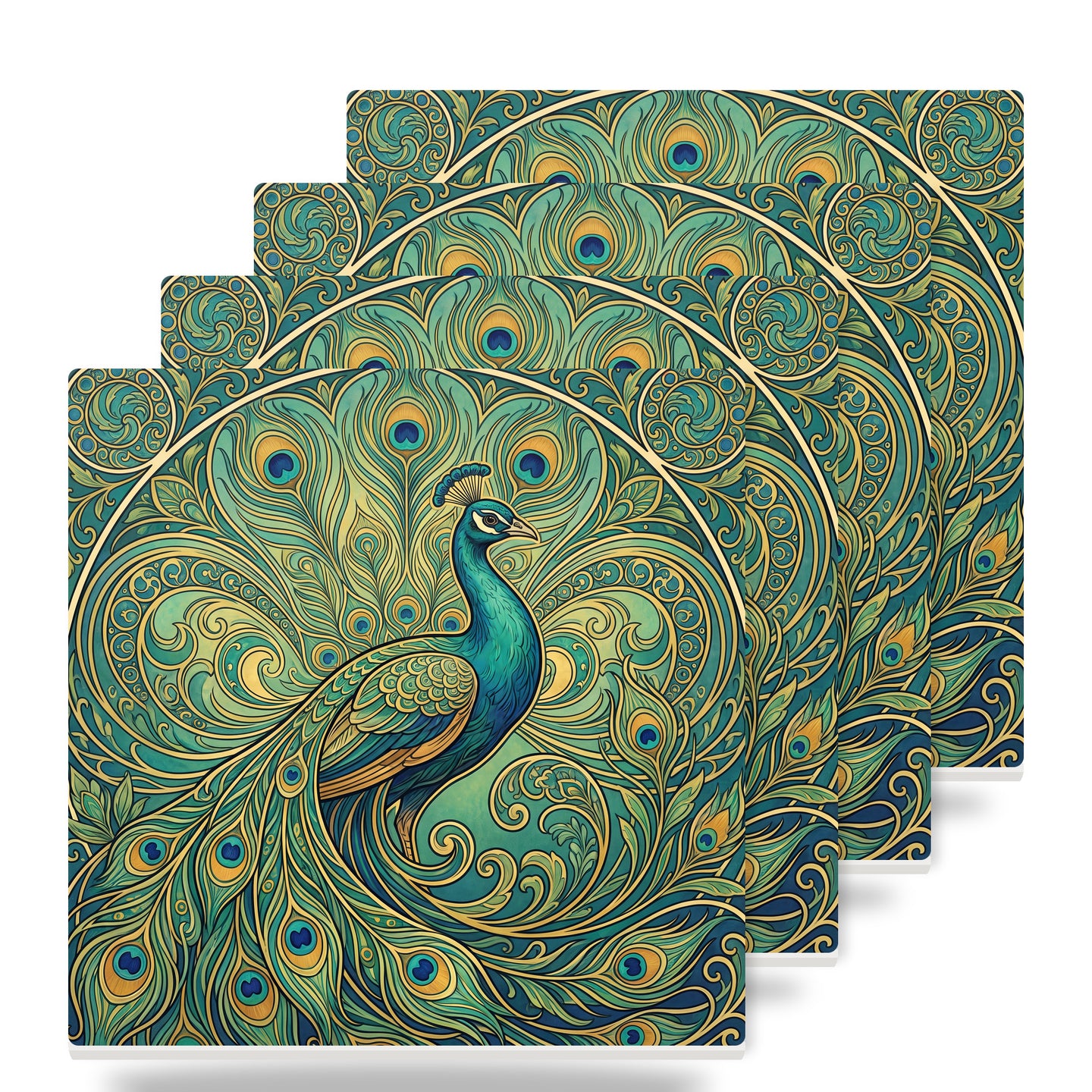 Art Nouveau Peacock ceramic coasters set of 4