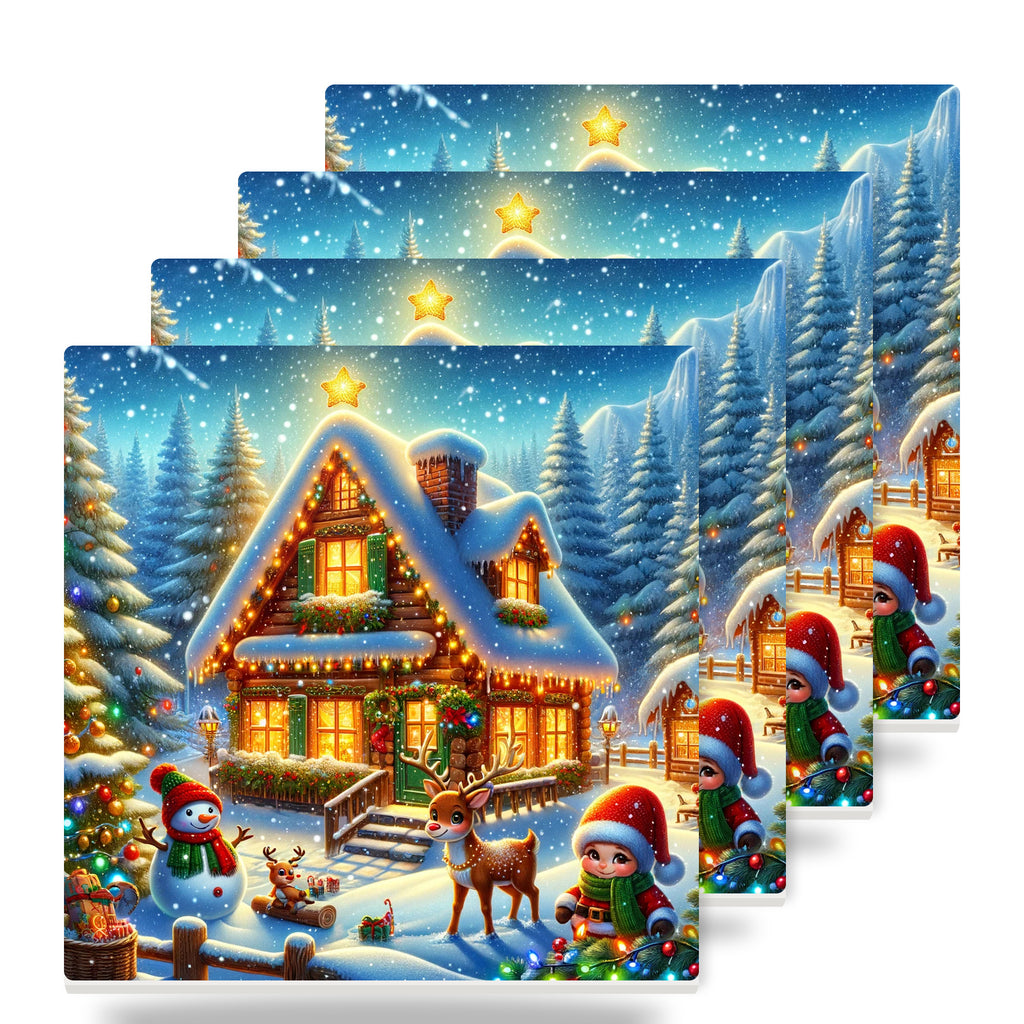 Snowy Christmas Cottage ceramic coasters set of 4