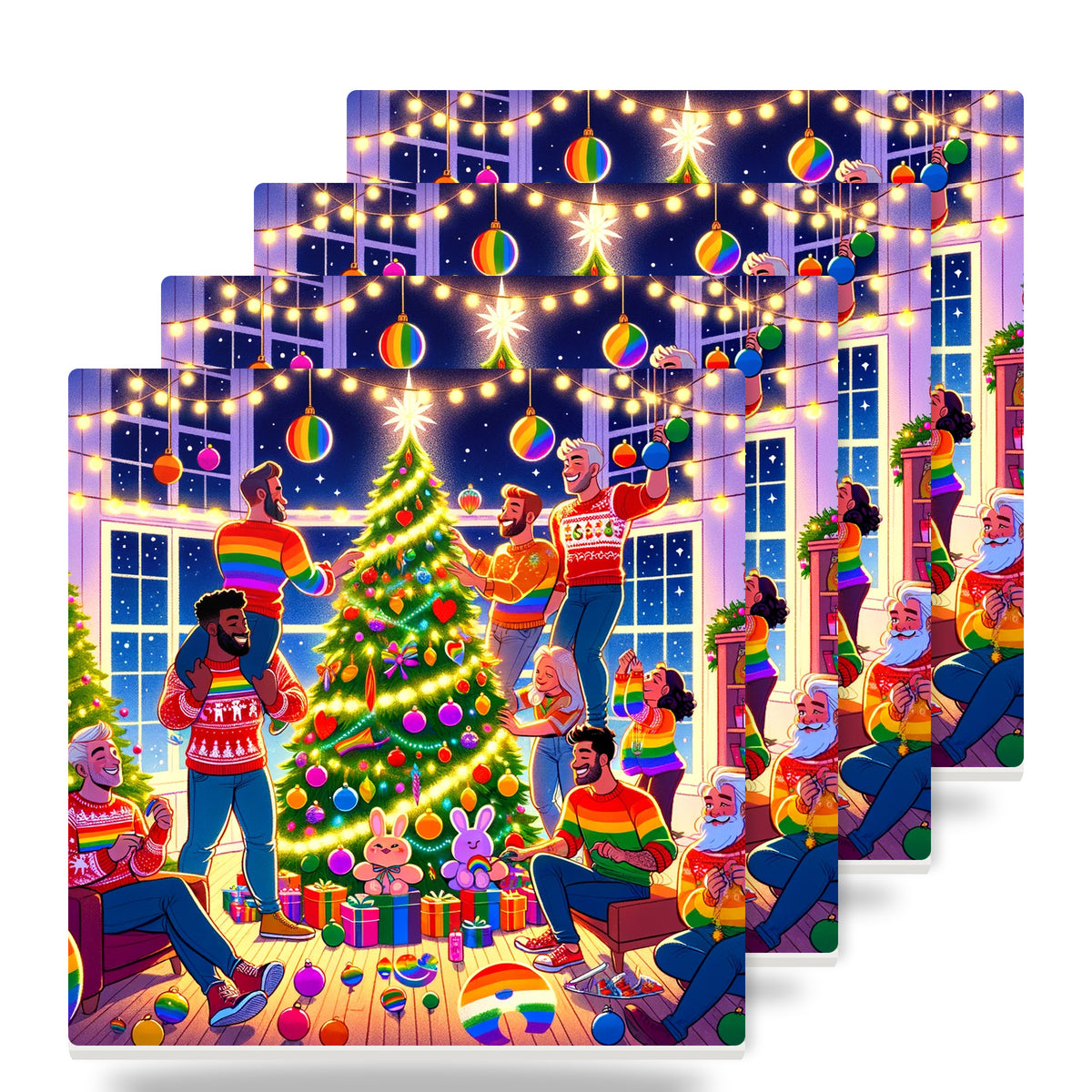 Rainbow Christmas Celebration ceramic coasters set of 4