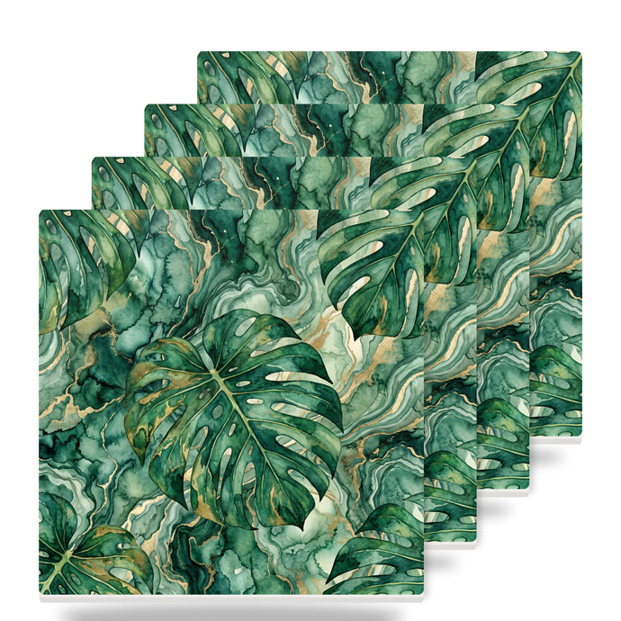 Tropical Monstera ceramic coasters set of 4