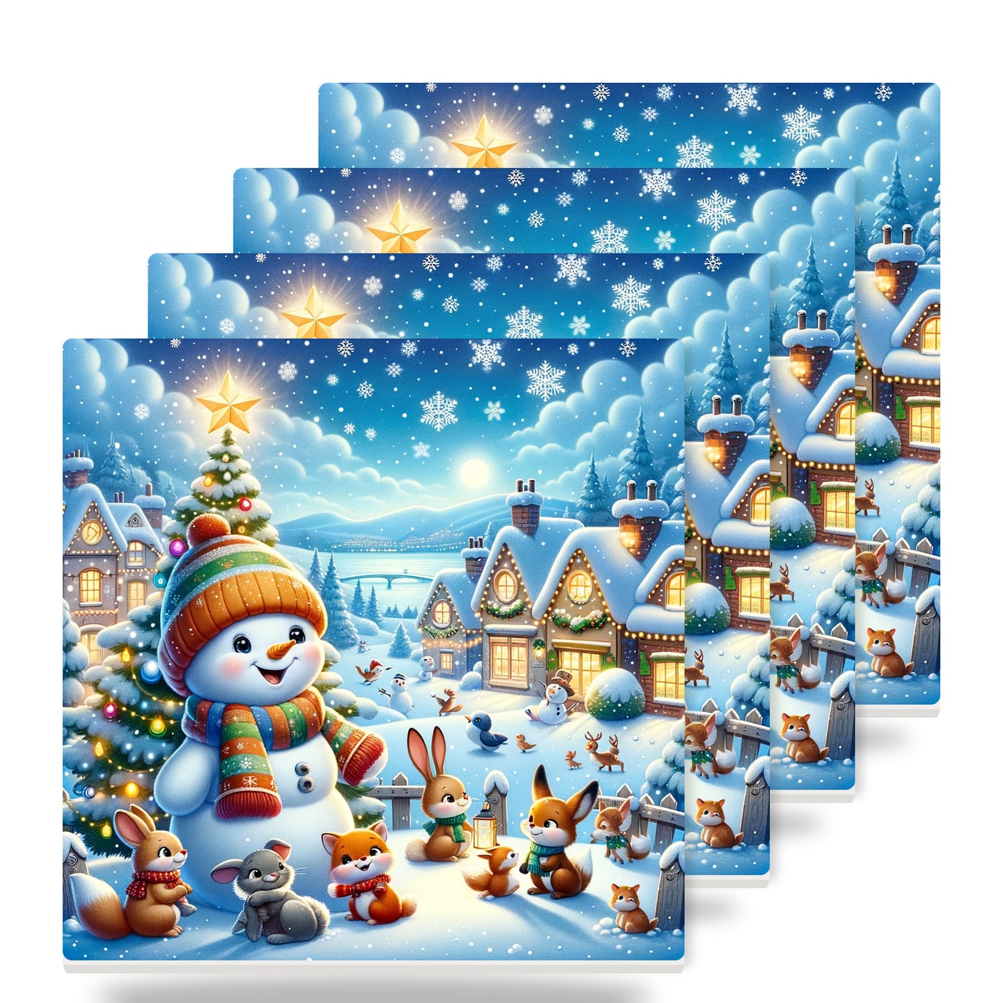 Winter Snowman Village ceramic coasters set of 4