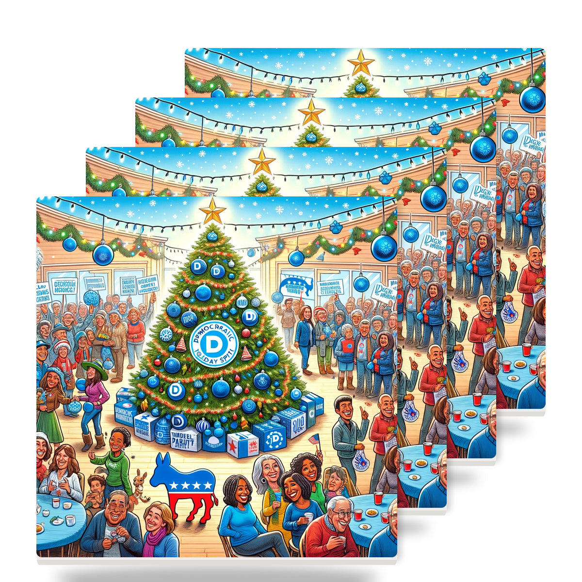 Blue Democratic Christmas ceramic coasters set of 4