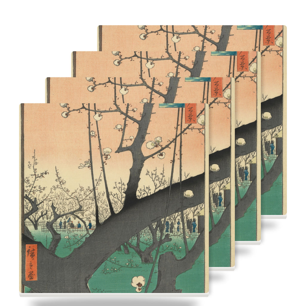 Hokusai Plum Blossom ceramic coasters set of 4