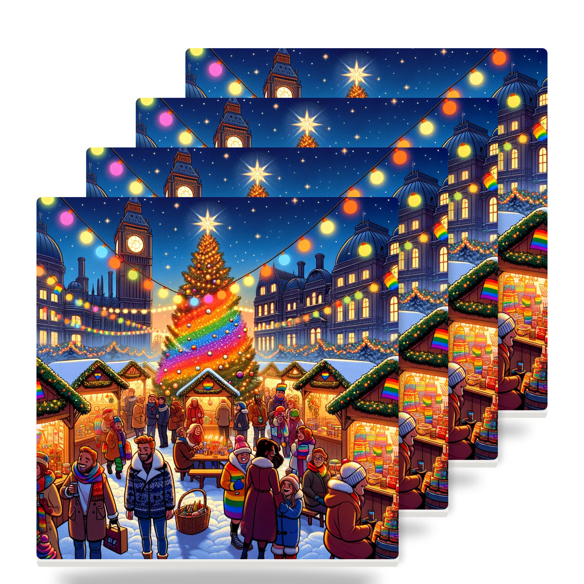 Rainbow Christmas Market ceramic coasters set of 4