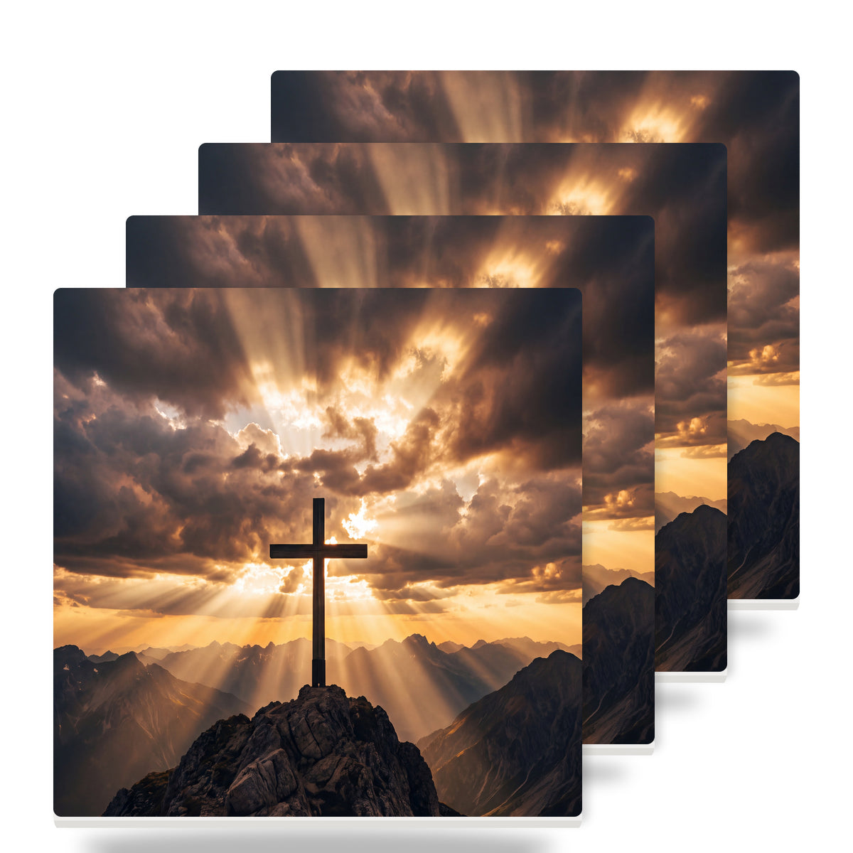 Cross On Mountains ceramic coasters set of 4
