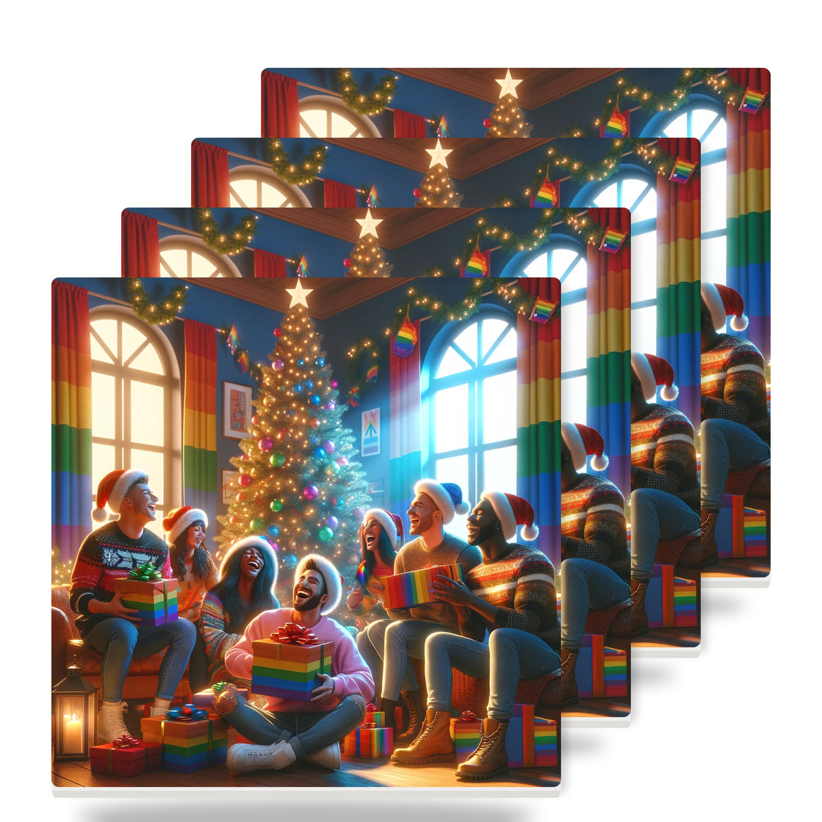 Rainbow Christmas Cheer ceramic coasters set of 4