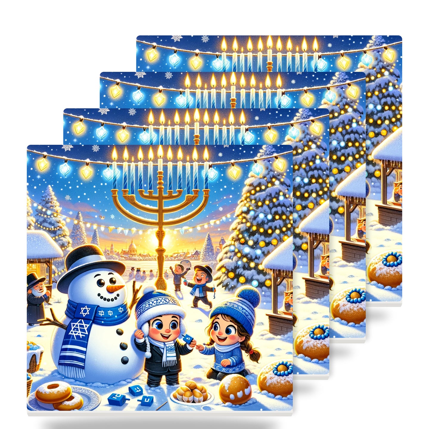 Hanukkah Winter Wonderland ceramic coasters set of 4