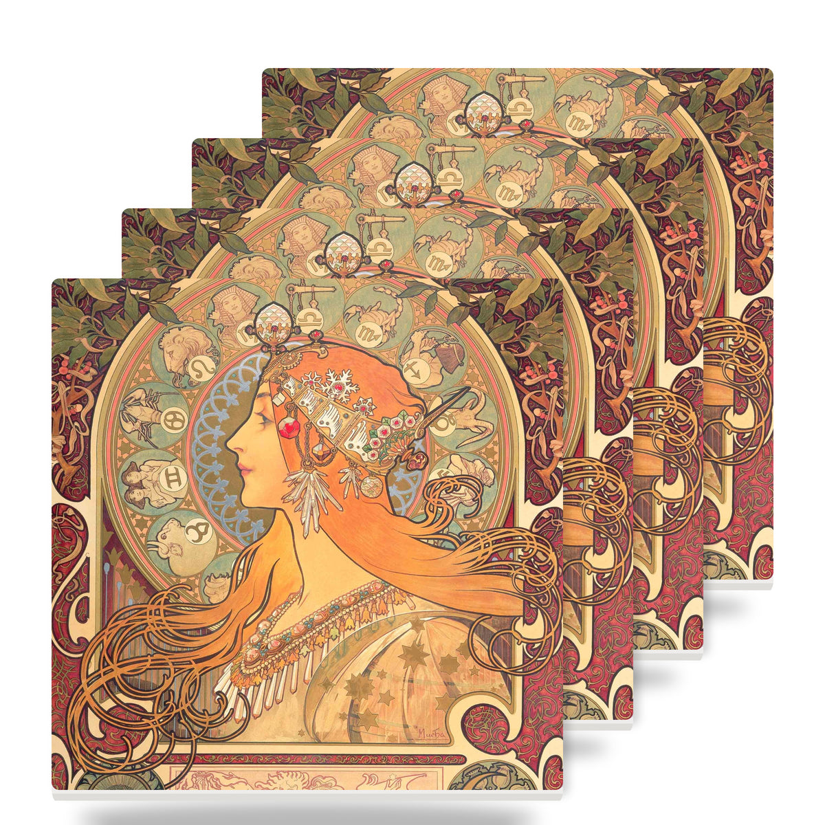Mucha Art Nouveau ceramic coasters set of 4