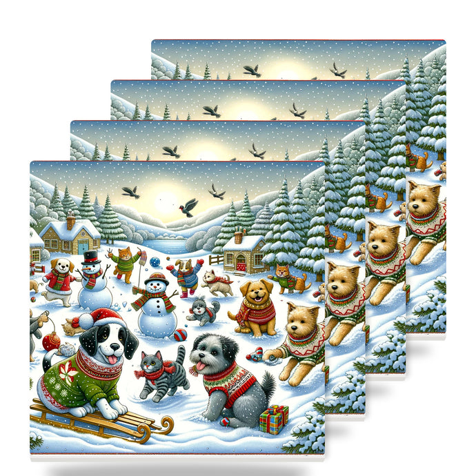 Cozy Christmas Pets ceramic coasters set of 4
