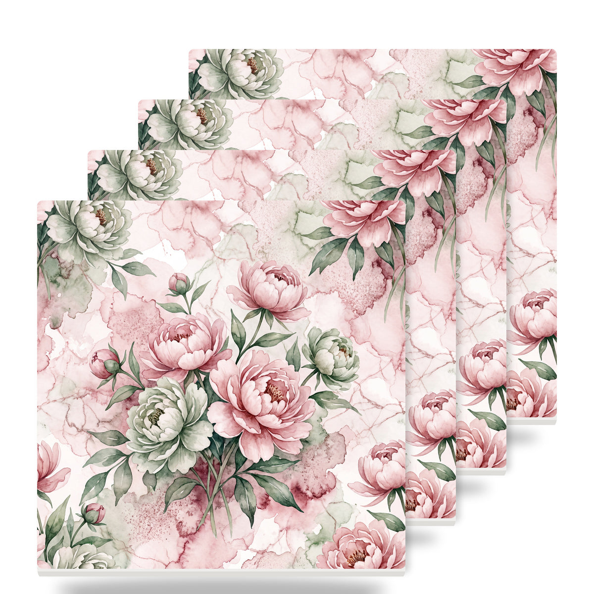 Watercolor Peony Floral ceramic coasters set of 4