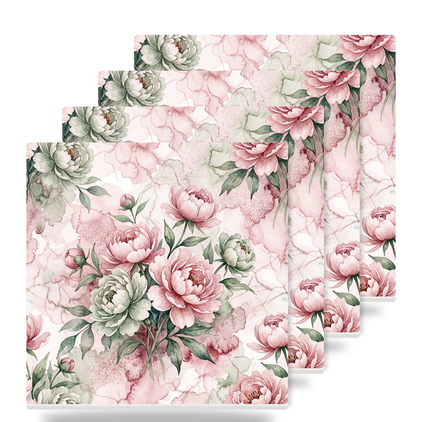 Watercolor Peony Floral ceramic coasters set of 4