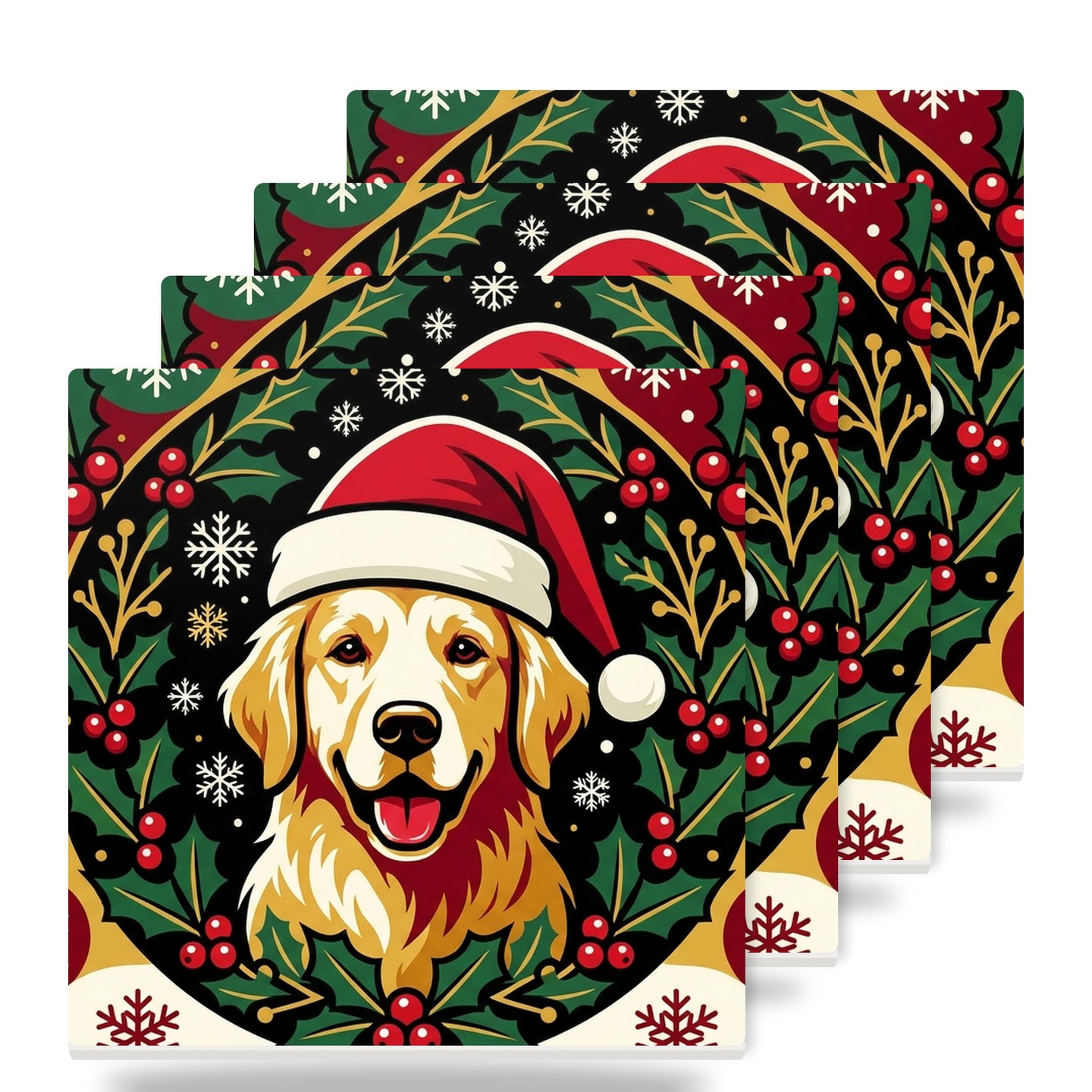 Golden Retriever Christmas Ornament Art ceramic coasters set of 4