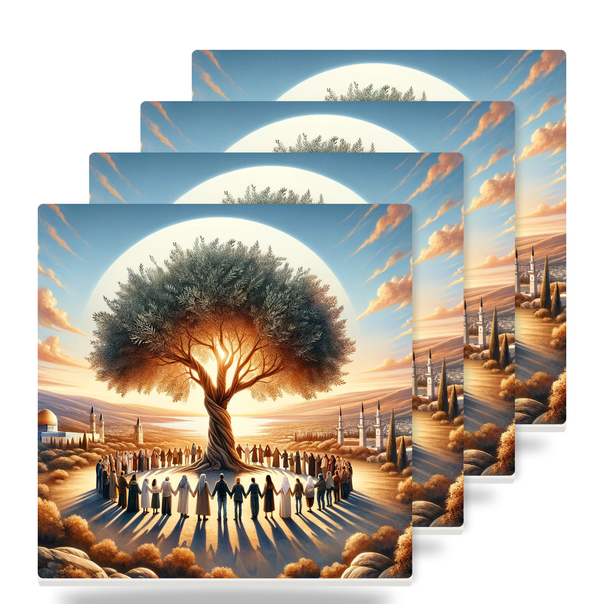 Golden Olive Tree ceramic coasters set of 4