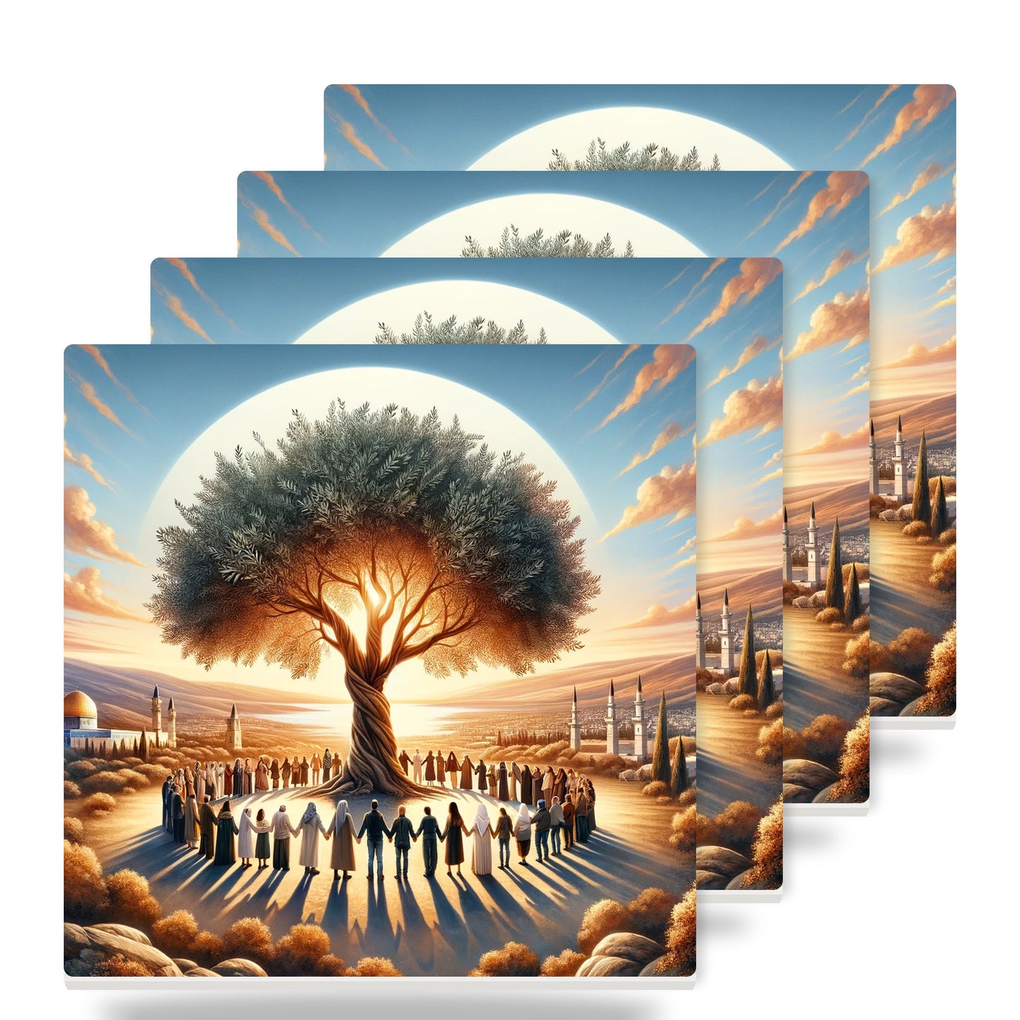 Golden Olive Tree ceramic coasters set of 4