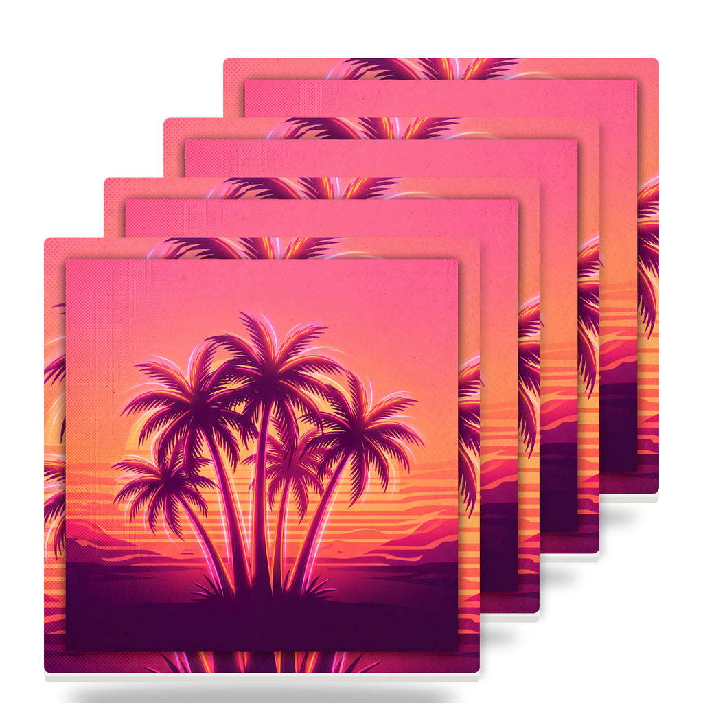 Neon Palm Sunset ceramic coasters set of 4