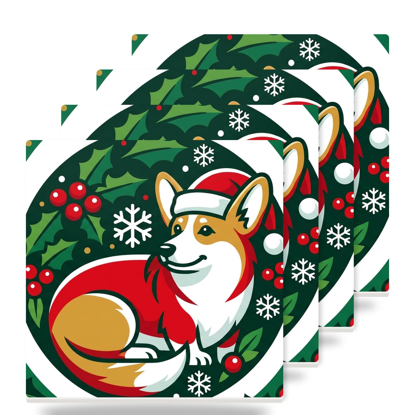 Corgi Christmas Ornament Art ceramic coasters set of 4