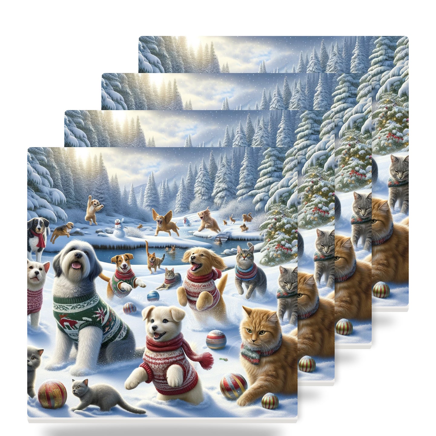 Holiday Sweater Pets ceramic coasters set of 4