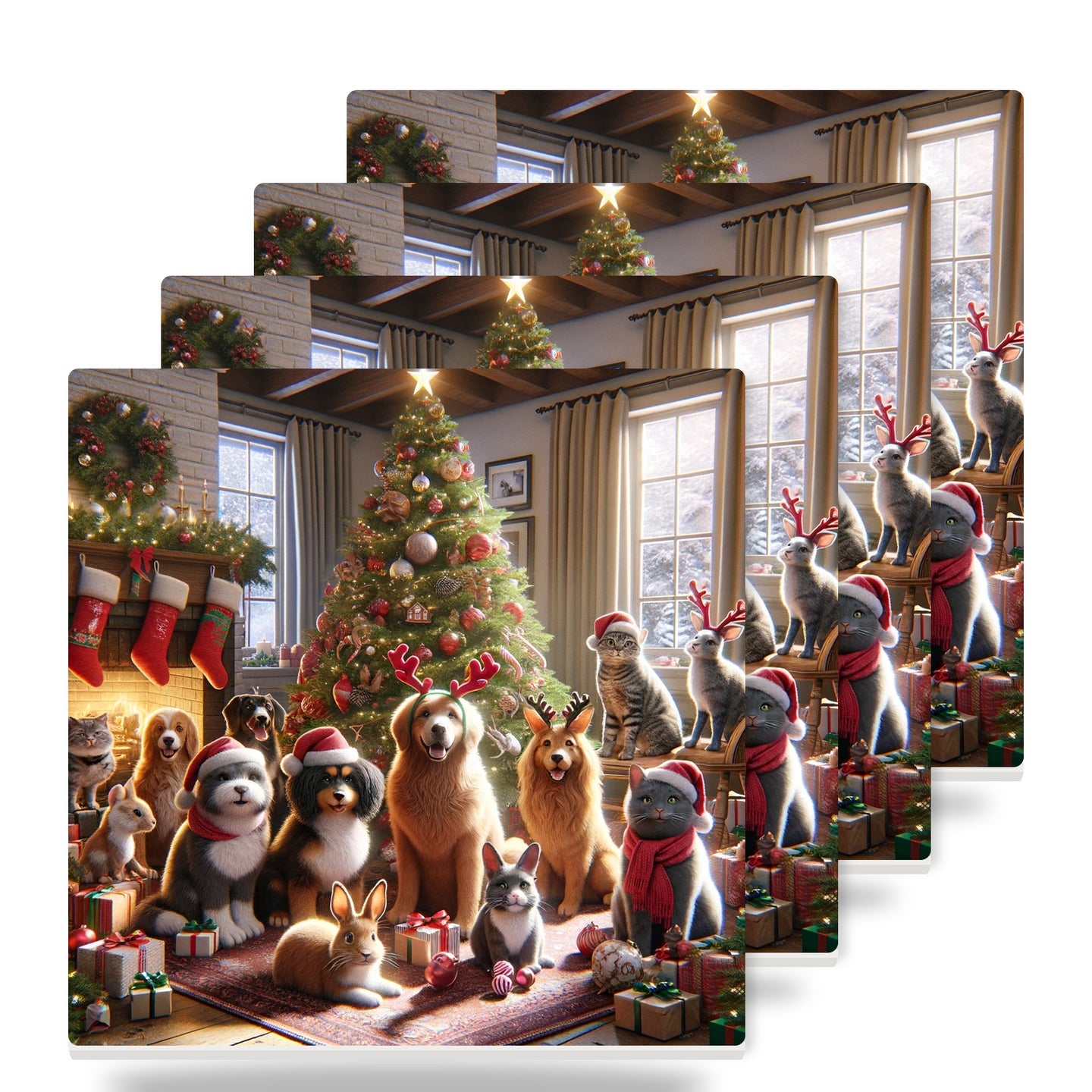 Cozy Holiday Pets ceramic coasters set of 4