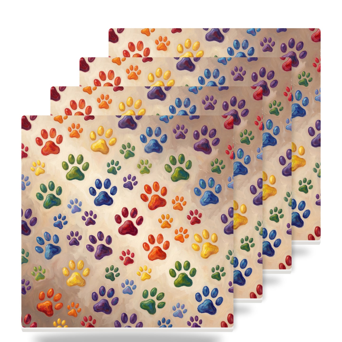 Colorful Paw Prints ceramic coasters set of 4