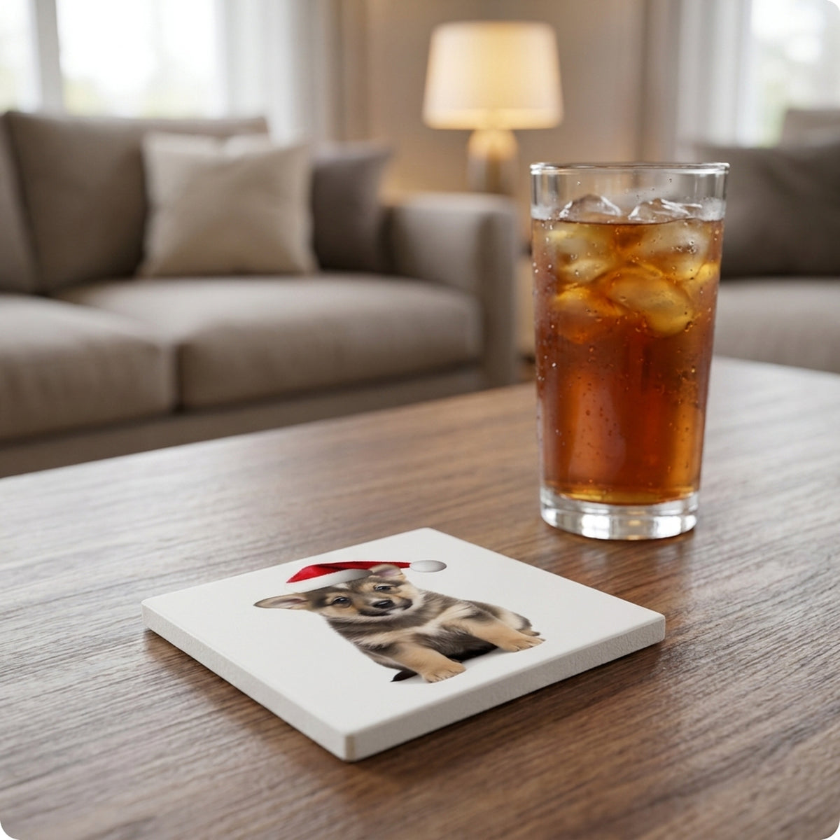 Swedish Vallhund Puppy ceramic coasters set of 4, lifestyle