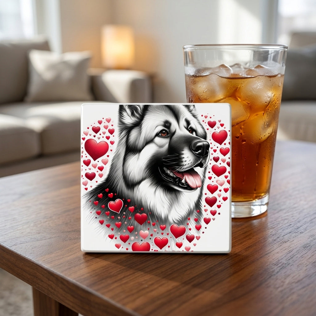 Norwegian Elkhound ceramic coasters set of 4, lifestyle