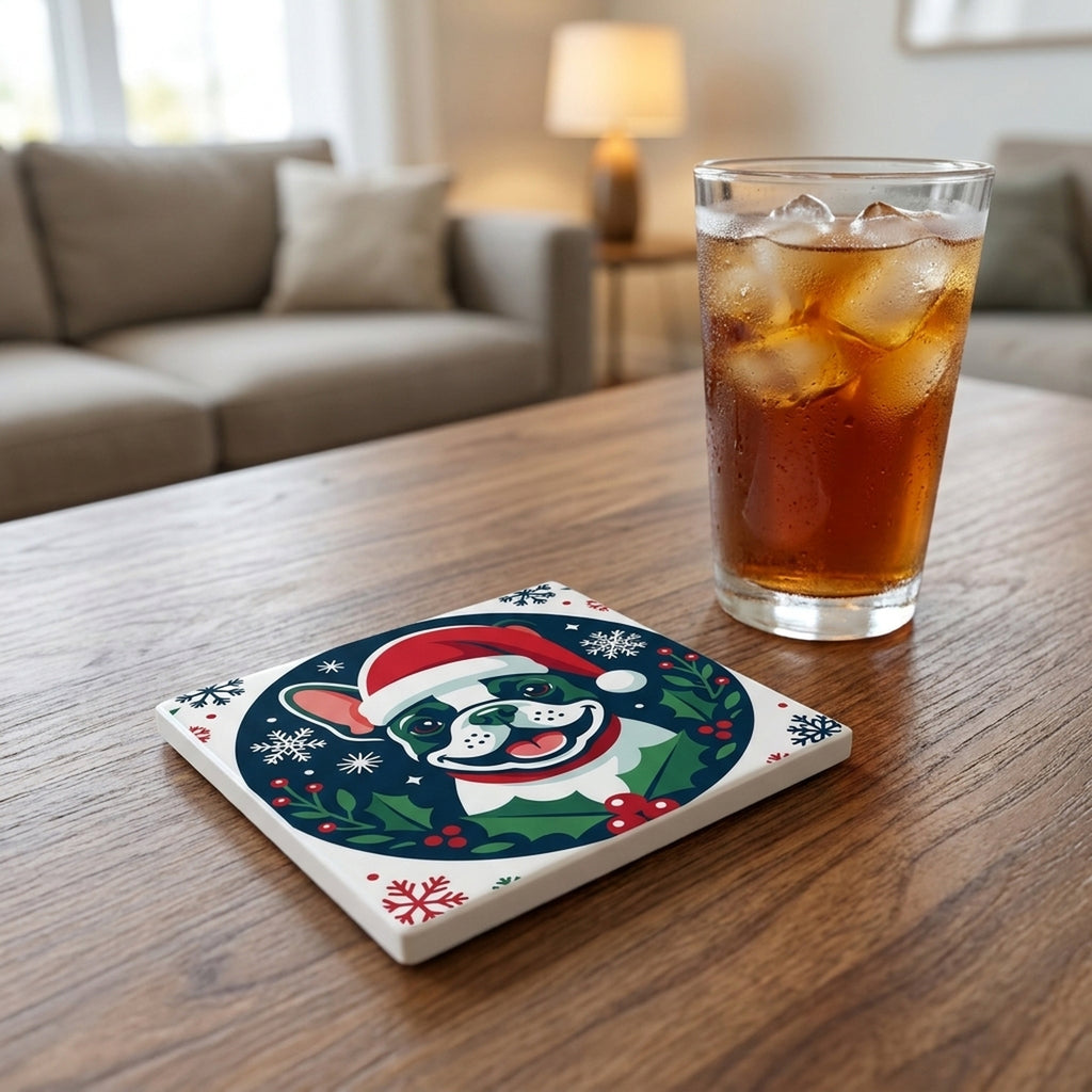 French Bulldog Christmas Ornament Art ceramic coasters set of 4, lifestyle
