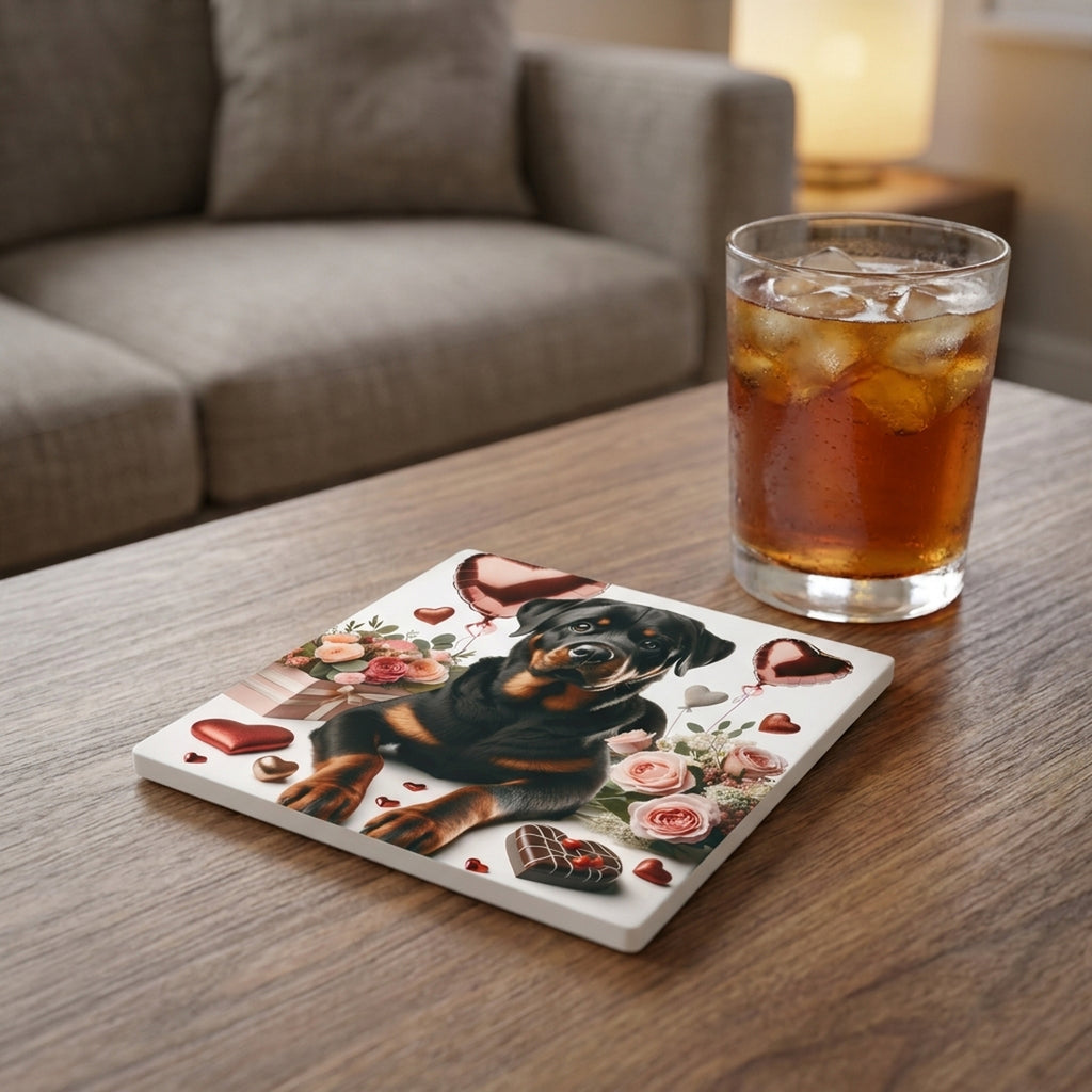 Rottweiler ceramic coasters set of 4, lifestyle