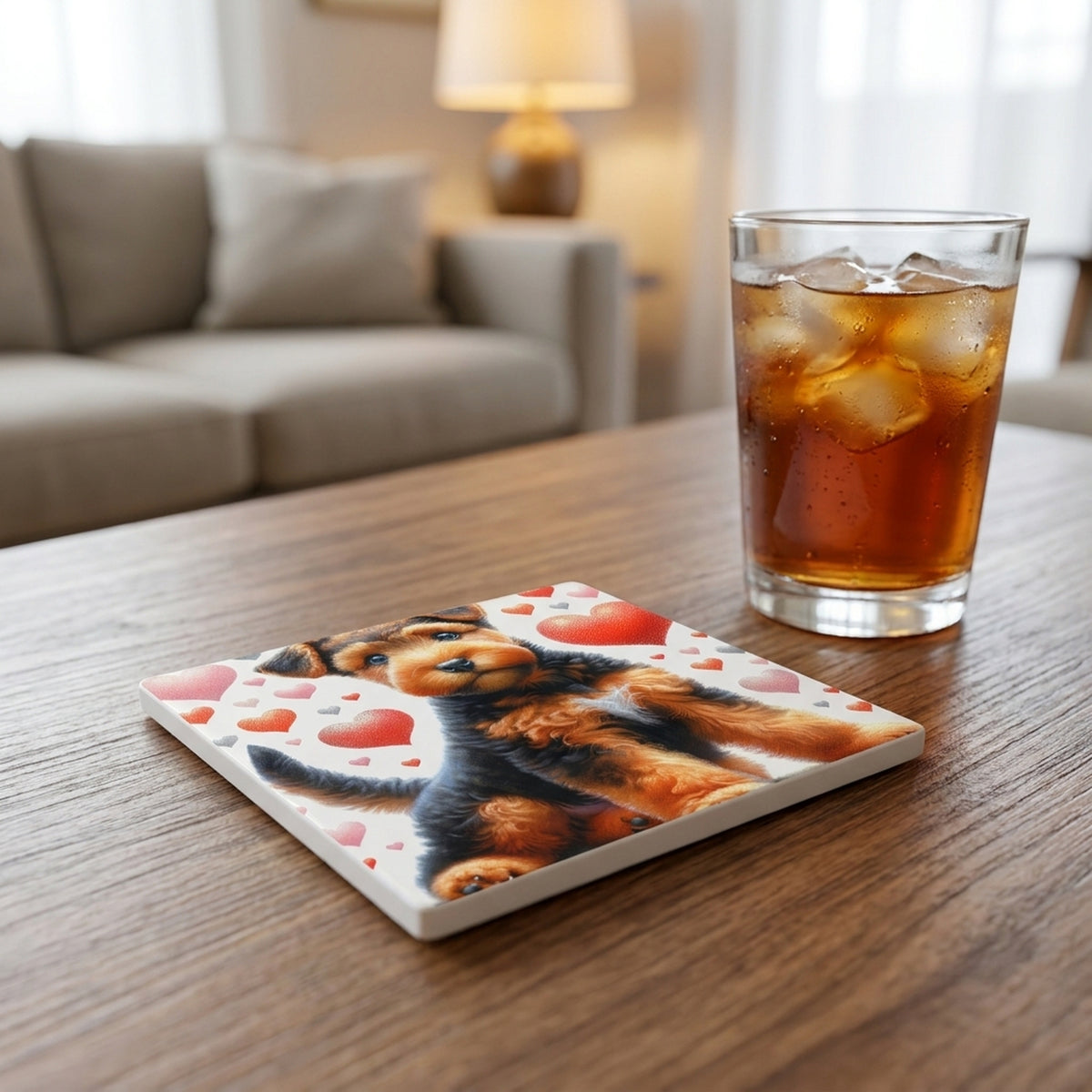 Airedale Terrier ceramic coasters set of 4, lifestyle