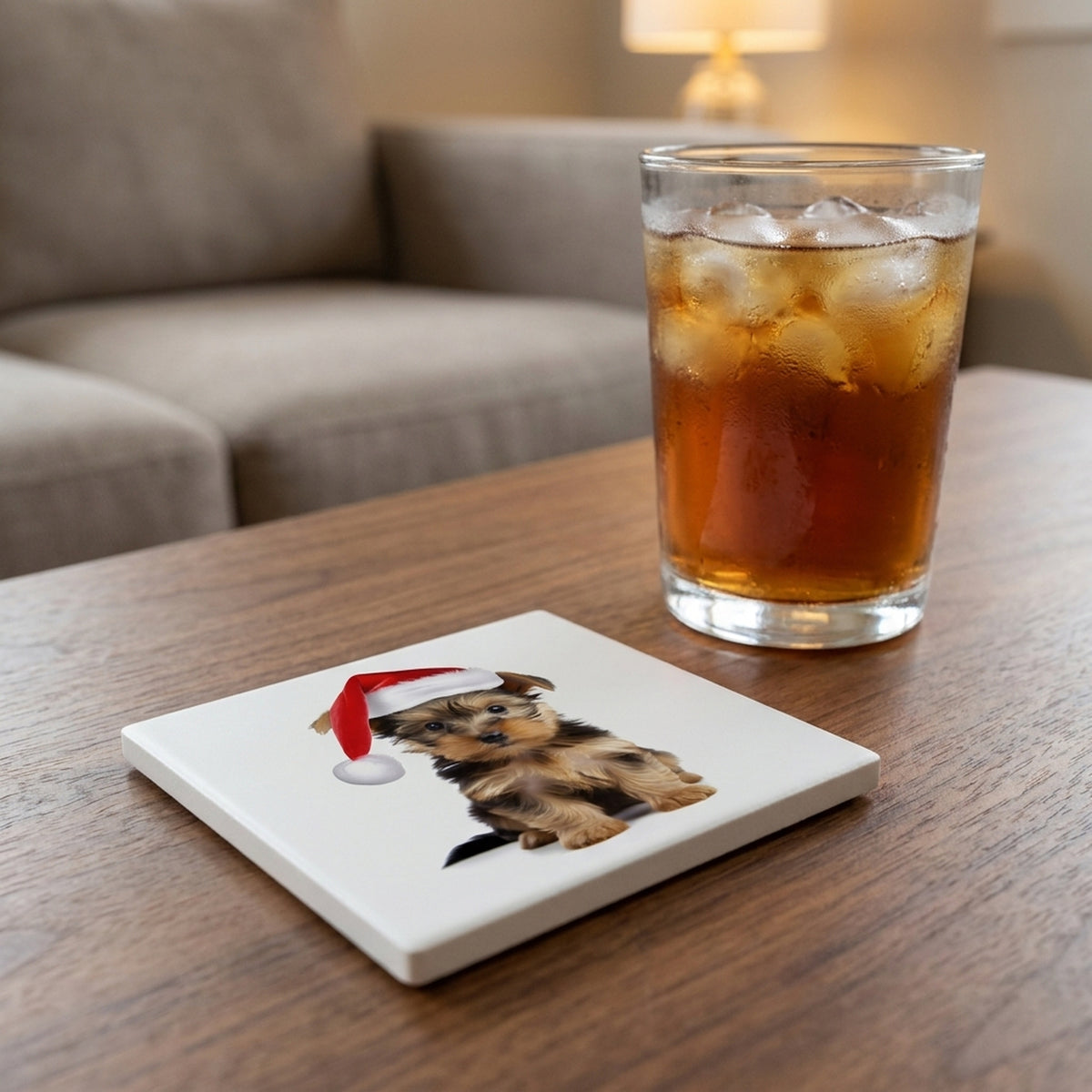Silky Terrier Puppy ceramic coasters set of 4, lifestyle