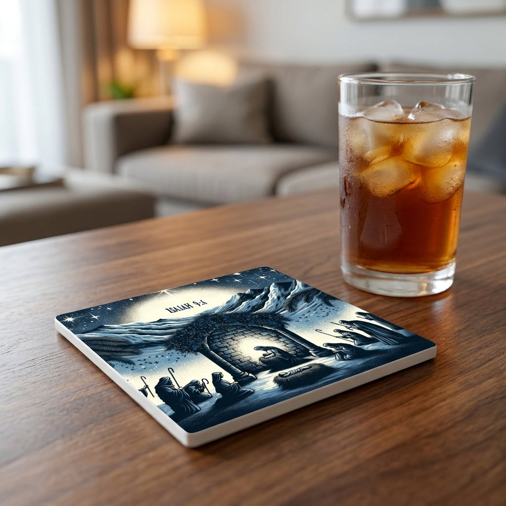 Midnight Blue Nativity ceramic coasters set of 4, lifestyle