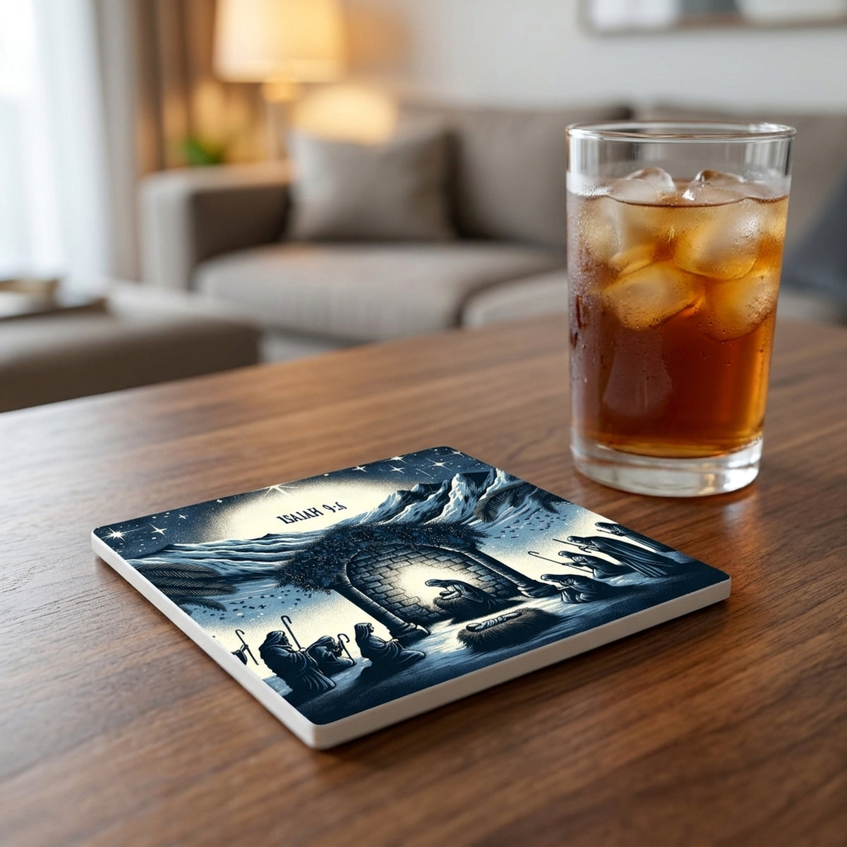 Midnight Blue Nativity ceramic coasters set of 4, lifestyle