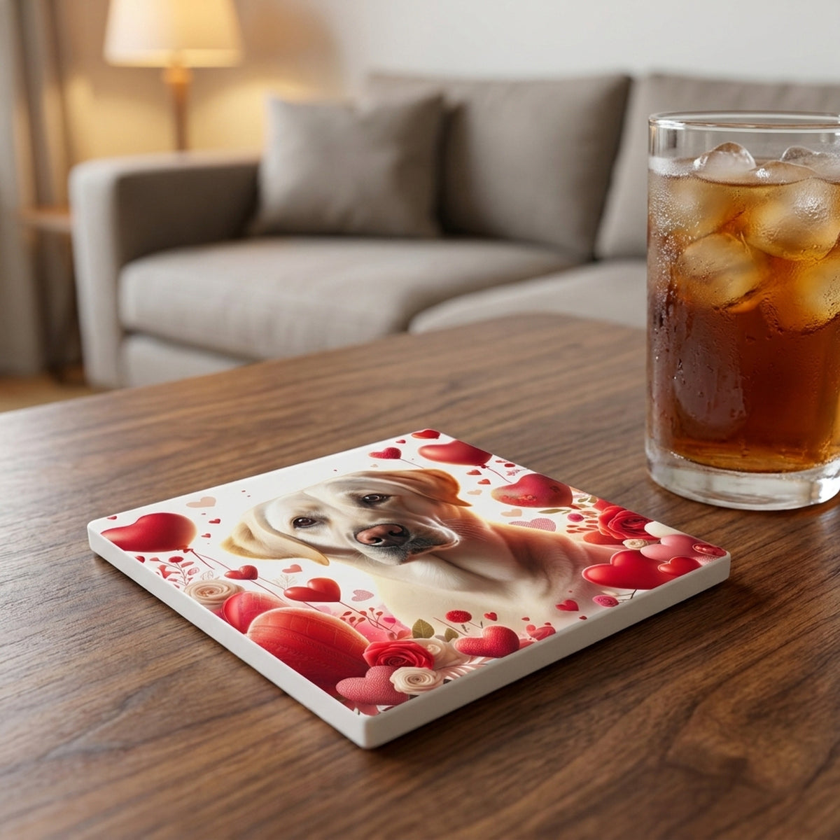 Labrador Retriever ceramic coasters set of 4, lifestyle