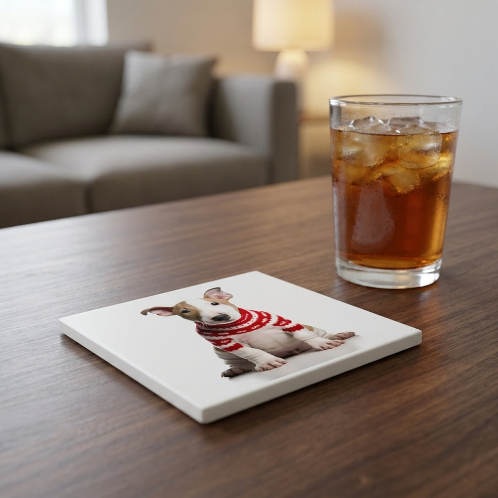 Bull Terrier Puppy ceramic coasters set of 4, lifestyle