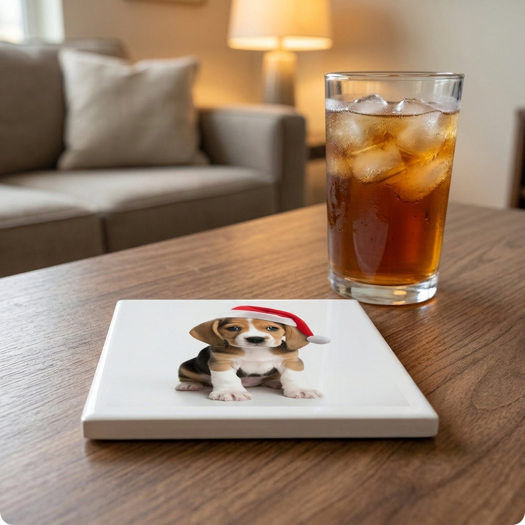 Beagle Puppy ceramic coasters set of 4, lifestyle