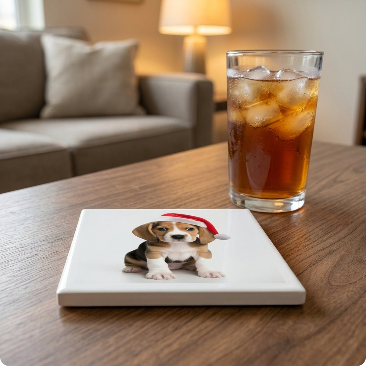 Beagle Puppy ceramic coasters set of 4, lifestyle